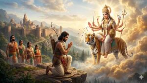 Yudhisthira and Pandavas praying to Goddess Durga during Virat Parva in Mahabharata AI image