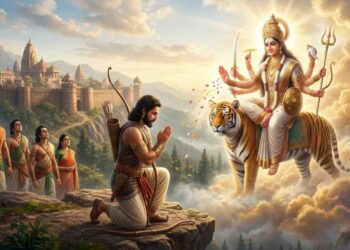 Yudhisthira and Pandavas praying to Goddess Durga during Virat Parva in Mahabharata AI image