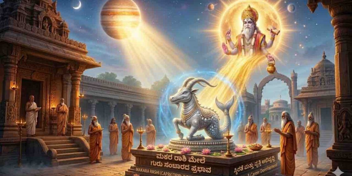 Astrological illustration of Makara Rashi (Capricorn) featuring a silver sea-goat receiving blessings from Lord Guru in a temple setting.