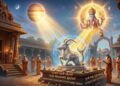 Astrological illustration of Makara Rashi (Capricorn) featuring a silver sea-goat receiving blessings from Lord Guru in a temple setting.