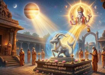 Astrological illustration of Makara Rashi (Capricorn) featuring a silver sea-goat receiving blessings from Lord Guru in a temple setting.
