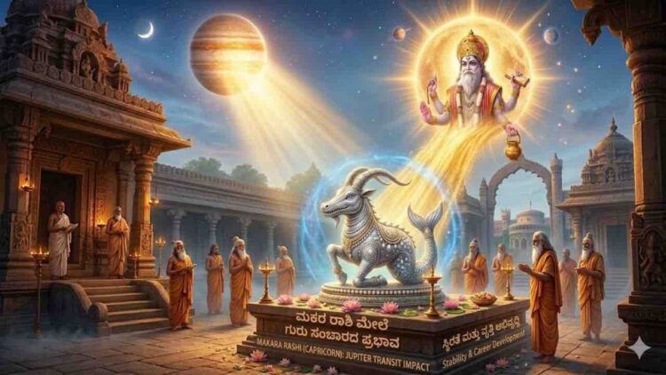 Astrological illustration of Makara Rashi (Capricorn) featuring a silver sea-goat receiving blessings from Lord Guru in a temple setting.
