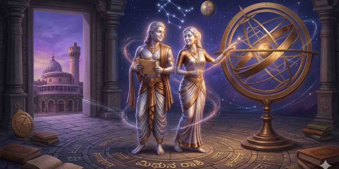 An artistic representation of Gemini (Mithuna Rashi) featuring a celestial couple with an armillary sphere, symbolizing the 2026 Jupiter transit