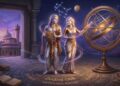 An artistic representation of Gemini (Mithuna Rashi) featuring a celestial couple with an armillary sphere, symbolizing the 2026 Jupiter transit
