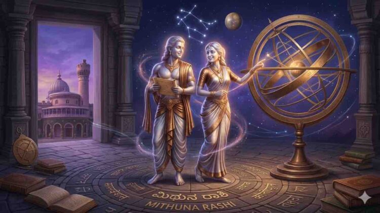 An artistic representation of Gemini (Mithuna Rashi) featuring a celestial couple with an armillary sphere, symbolizing the 2026 Jupiter transit
