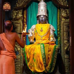 Idol of Lord Rogamochana Dhanvanthri at Uttaradi Math Mysore with a priest performing Aarti.