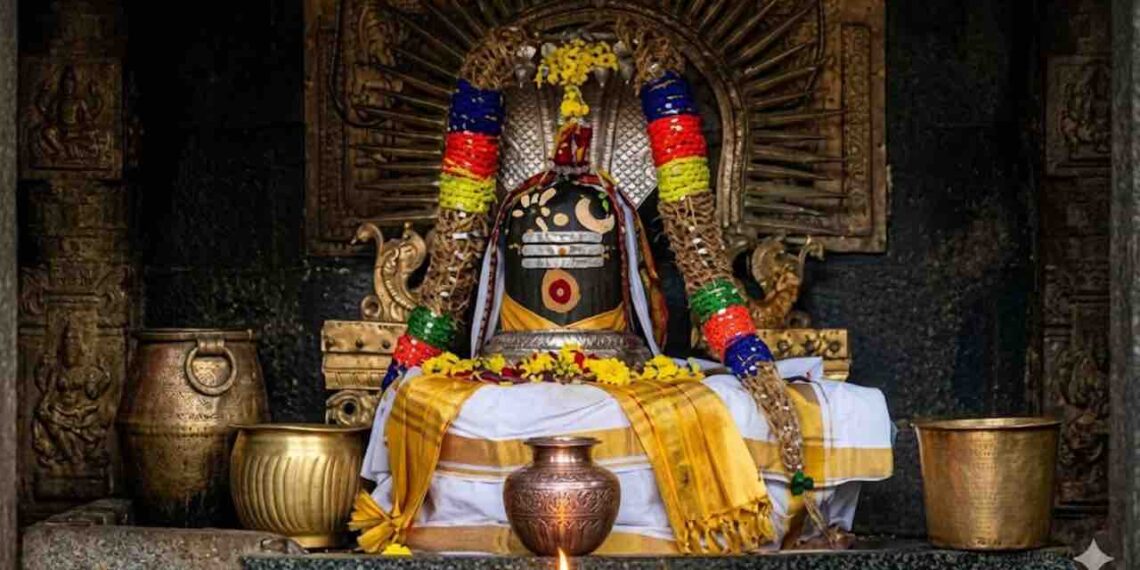 Runa Vimochana Lingeswarar Kadan Nivartheeswarar Shiva Lingam at Thirucherai Temple decorated with garlands and traditional attire.