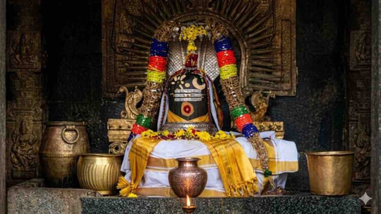 Runa Vimochana Lingeswarar Kadan Nivartheeswarar Shiva Lingam at Thirucherai Temple decorated with garlands and traditional attire.