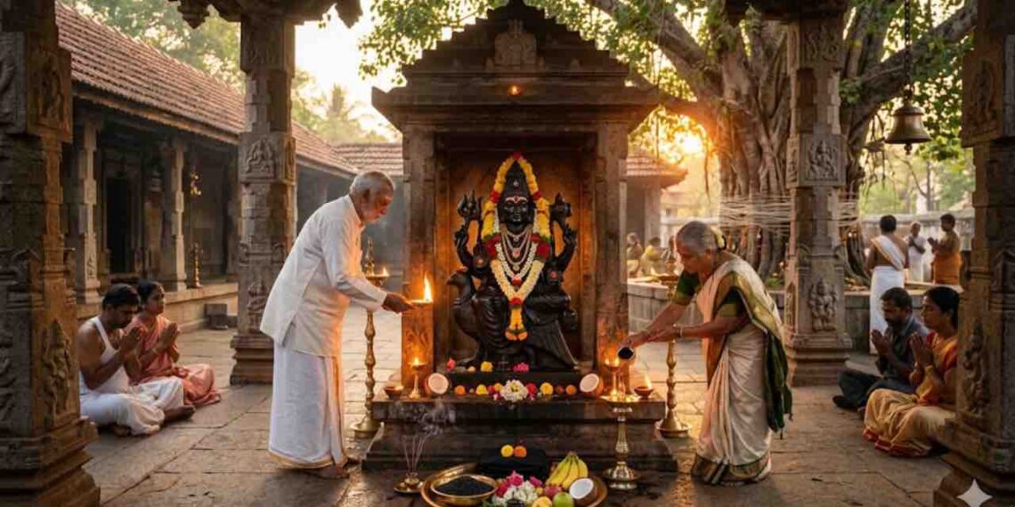 Traditional Shani Dev idol in a South Indian temple with devotees performing oil lamp rituals and offerings during Shanaischara Jayanti.