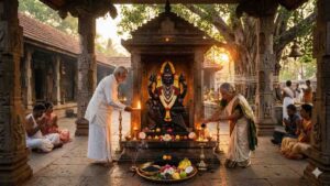Traditional Shani Dev idol in a South Indian temple with devotees performing oil lamp rituals and offerings during Shanaischara Jayanti.