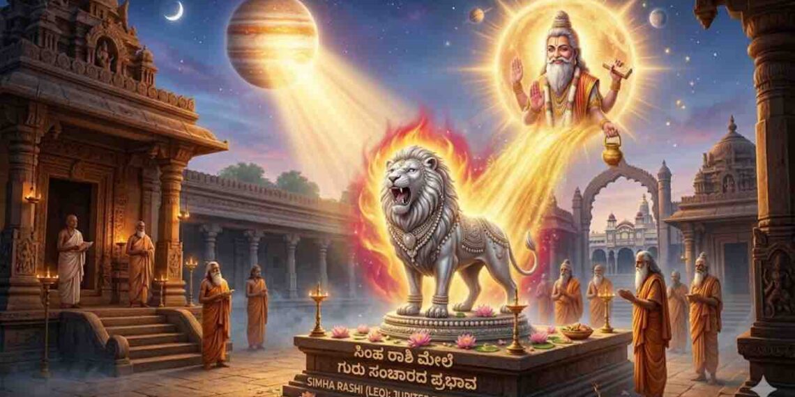 Astrological image of Simha Rashi (Leo) featuring a golden lion statue receiving blessings from Lord Guru in a celestial temple setting.