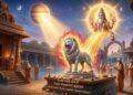 Astrological image of Simha Rashi (Leo) featuring a golden lion statue receiving blessings from Lord Guru in a celestial temple setting.
