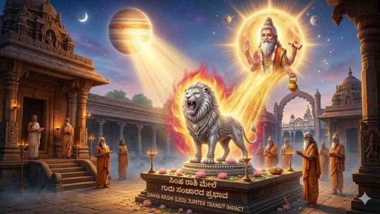 Astrological image of Simha Rashi (Leo) featuring a golden lion statue receiving blessings from Lord Guru in a celestial temple setting.