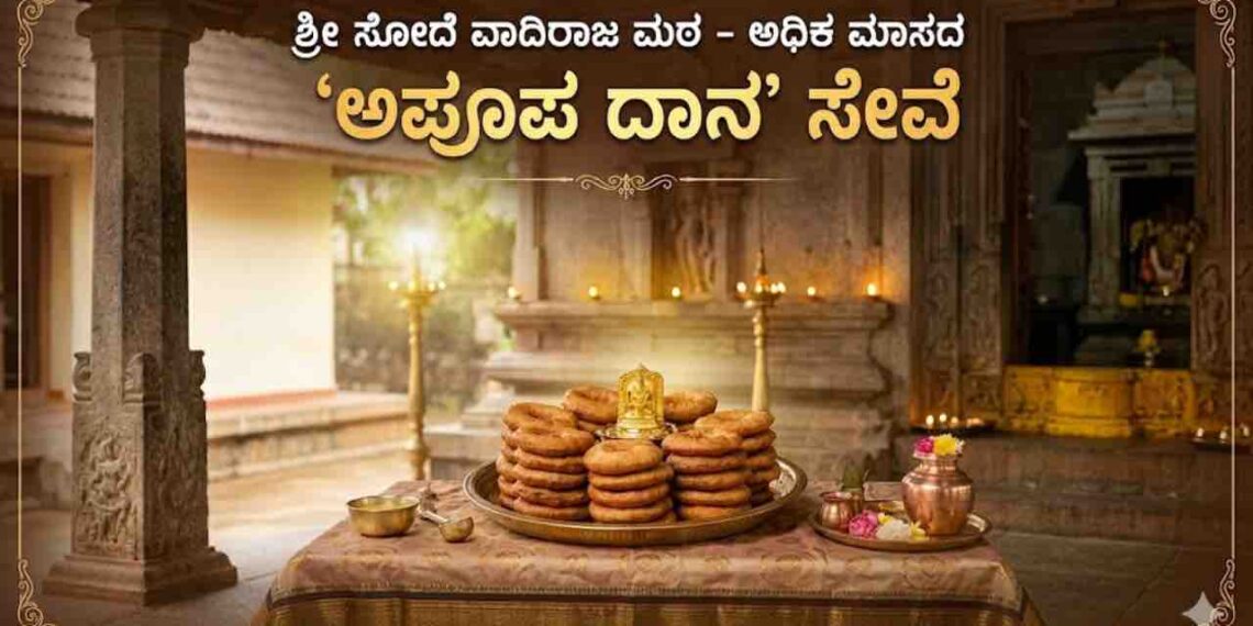 A traditional brass plate stacked with 33 Apoopa deep-fried sweets along with a small golden idol and a copper kalasha inside the ancient Sode Vadiraja Mutt temple premises.
