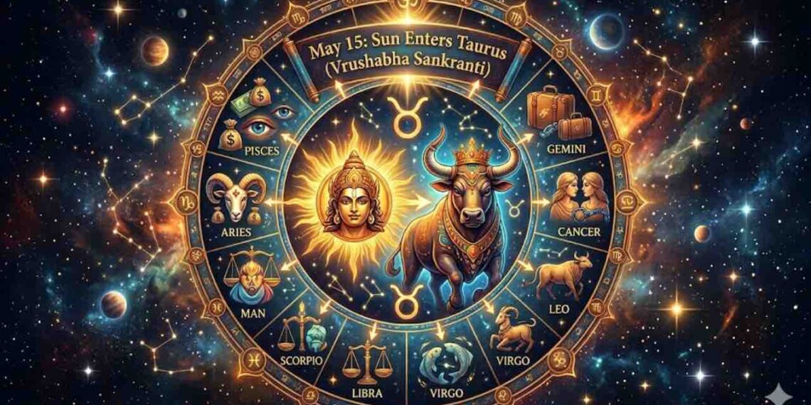An artistic zodiac wheel showing the Sun transitioning into Taurus, surrounded by symbols of all twelve astrological signs in a cosmic space background.