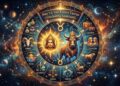 An artistic zodiac wheel showing the Sun transitioning into Taurus, surrounded by symbols of all twelve astrological signs in a cosmic space background.