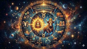 An artistic zodiac wheel showing the Sun transitioning into Taurus, surrounded by symbols of all twelve astrological signs in a cosmic space background.