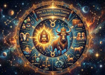 An artistic zodiac wheel showing the Sun transitioning into Taurus, surrounded by symbols of all twelve astrological signs in a cosmic space background.