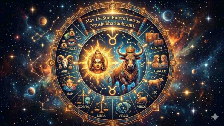 An artistic zodiac wheel showing the Sun transitioning into Taurus, surrounded by symbols of all twelve astrological signs in a cosmic space background.