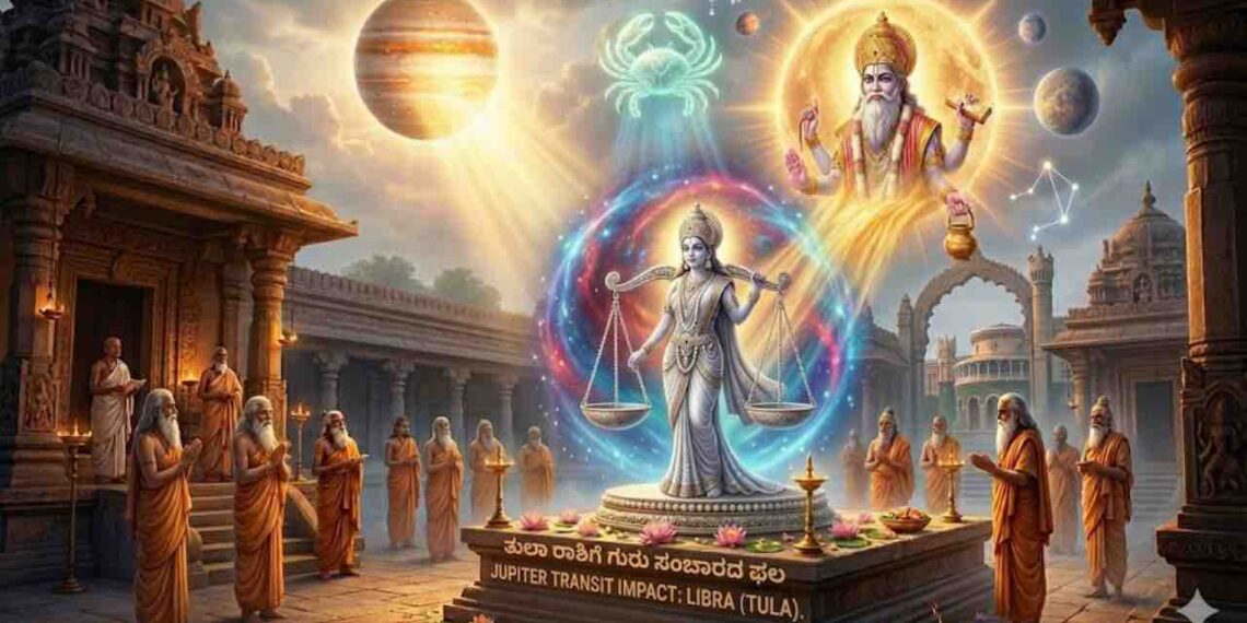 Astrological illustration for Libra (Tula Rashi) showing a divine figure holding scales with Lord Guru's blessings in a temple setting.