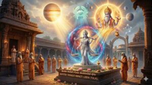 Astrological illustration for Libra (Tula Rashi) showing a divine figure holding scales with Lord Guru's blessings in a temple setting.