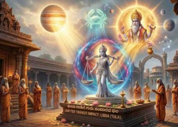 Astrological illustration for Libra (Tula Rashi) showing a divine figure holding scales with Lord Guru's blessings in a temple setting.