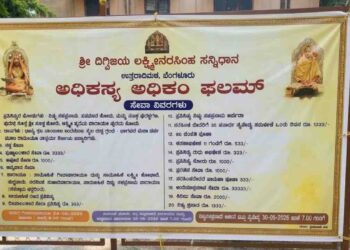 A detailed event poster for 'Adhikasya Adhikam Phalam' at Uttaradi Matha in Bengaluru, featuring a list of religious services with their prices in Kannada text, flanked by deities, and held up on a metal frame outdoors.
