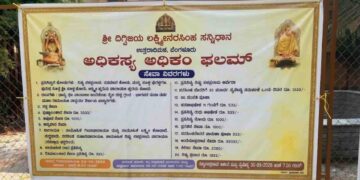 A detailed event poster for 'Adhikasya Adhikam Phalam' at Uttaradi Matha in Bengaluru, featuring a list of religious services with their prices in Kannada text, flanked by deities, and held up on a metal frame outdoors.
