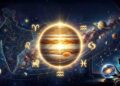 Astrologer Venu Swamy and a conceptual representation of Jupiter transit with zodiac signs.