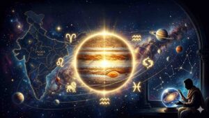 Astrologer Venu Swamy and a conceptual representation of Jupiter transit with zodiac signs.