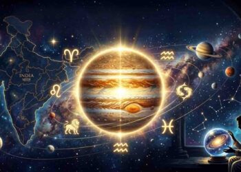 Astrologer Venu Swamy and a conceptual representation of Jupiter transit with zodiac signs.