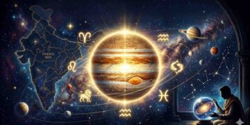 Astrologer Venu Swamy and a conceptual representation of Jupiter transit with zodiac signs.