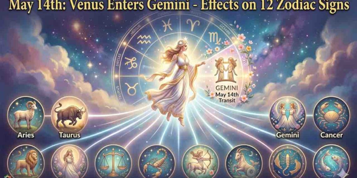 An artistic illustration showing the planet Venus as a goddess entering the Gemini zodiac sign with symbols of all 12 zodiac signs and English text "May 14th: Venus Enters Gemini - Effects on 12 Zodiac Signs