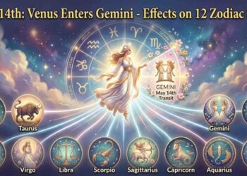 An artistic illustration showing the planet Venus as a goddess entering the Gemini zodiac sign with symbols of all 12 zodiac signs and English text "May 14th: Venus Enters Gemini - Effects on 12 Zodiac Signs