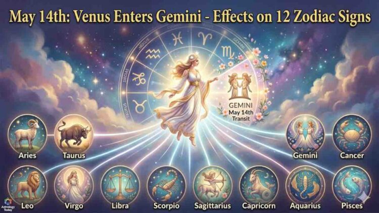 An artistic illustration showing the planet Venus as a goddess entering the Gemini zodiac sign with symbols of all 12 zodiac signs and English text "May 14th: Venus Enters Gemini - Effects on 12 Zodiac Signs