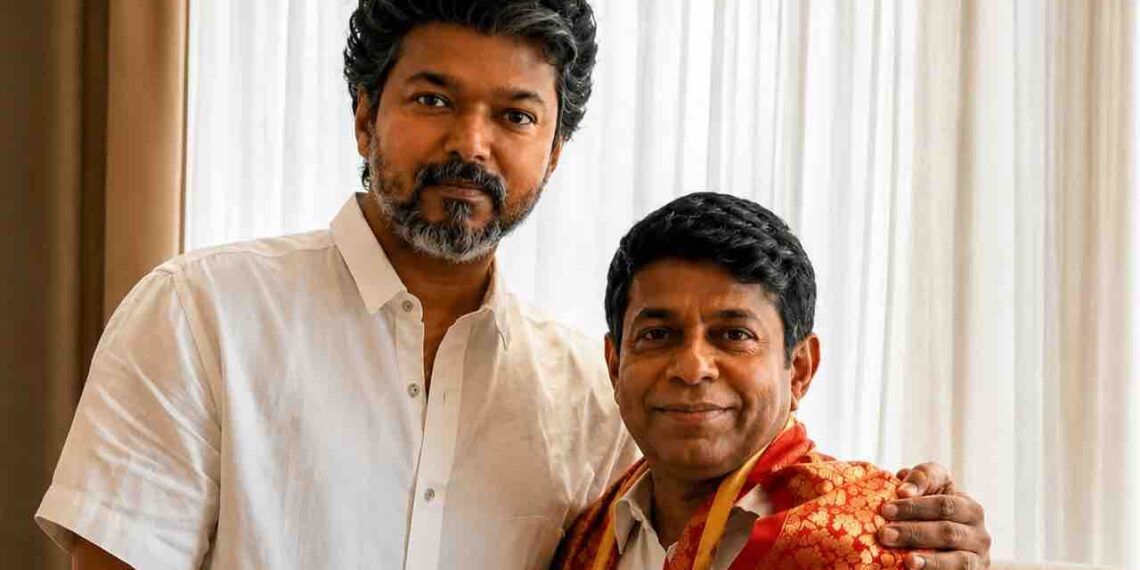 Actor Vijay posing with astrologer Radhan Pandit during an indoor meeting