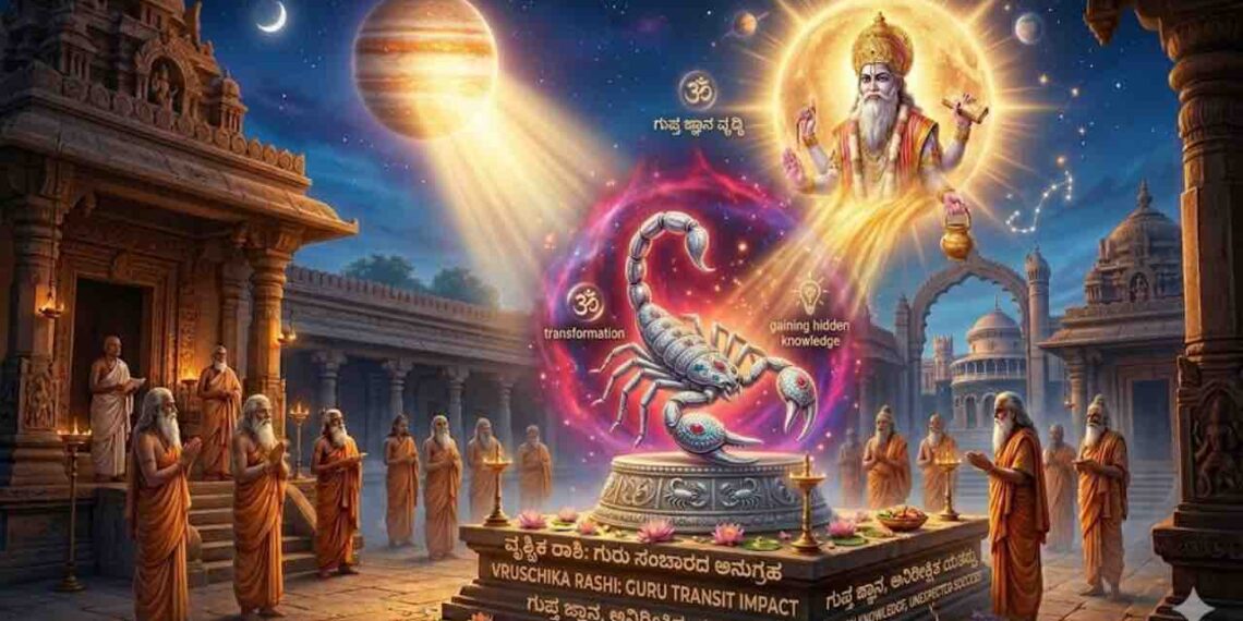 Astrological image of Vruschika Rashi (Scorpio) featuring a silver scorpion on a pedestal receiving divine light from Lord Guru.