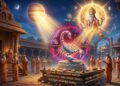 Astrological image of Vruschika Rashi (Scorpio) featuring a silver scorpion on a pedestal receiving divine light from Lord Guru.
