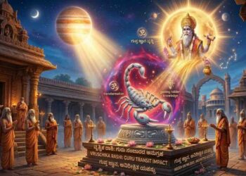 Astrological image of Vruschika Rashi (Scorpio) featuring a silver scorpion on a pedestal receiving divine light from Lord Guru.
