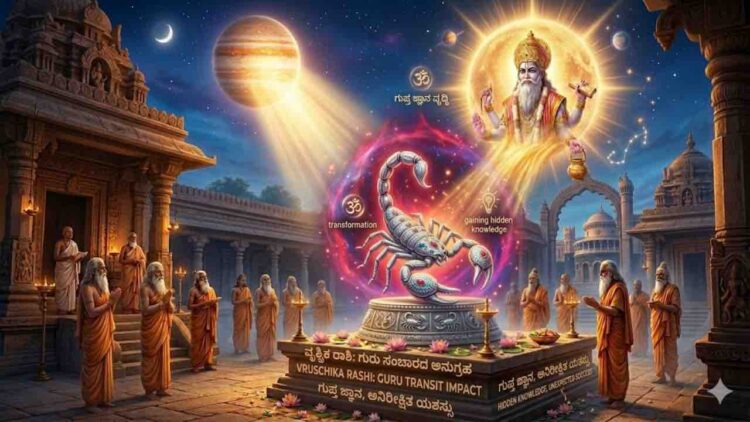 Astrological image of Vruschika Rashi (Scorpio) featuring a silver scorpion on a pedestal receiving divine light from Lord Guru.