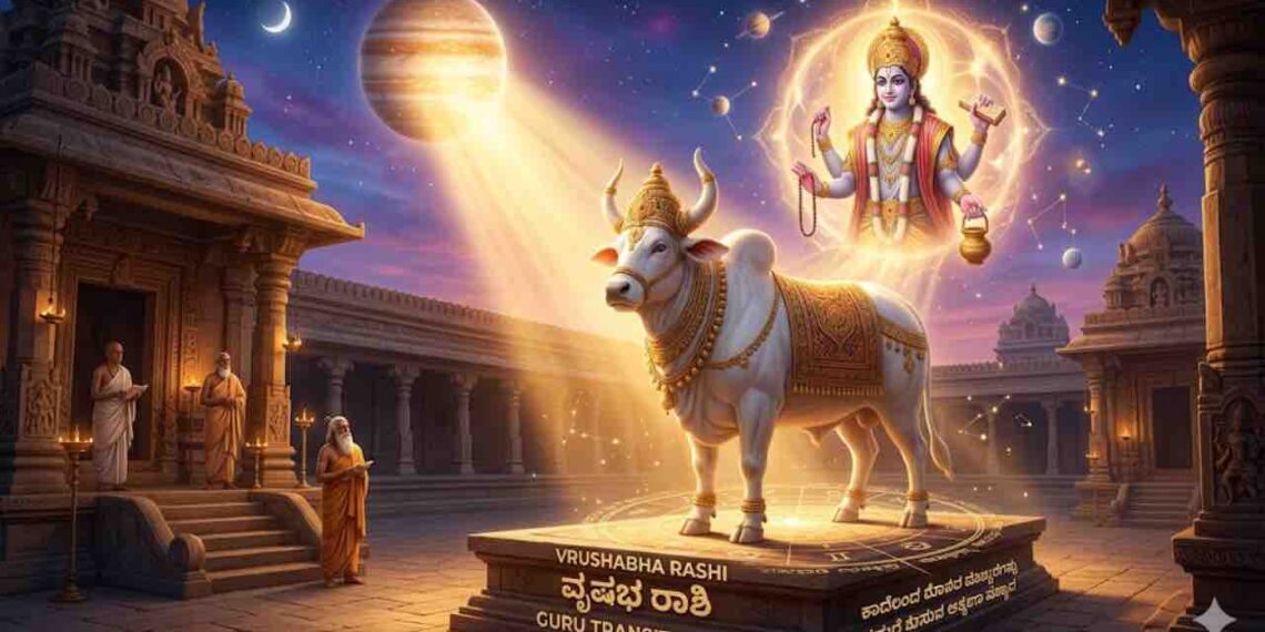 Astrological illustration of Jupiter transit impact on Vrushabha Rashi (Taurus) featuring a divine bull and Lord Guru.