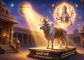 Astrological illustration of Jupiter transit impact on Vrushabha Rashi (Taurus) featuring a divine bull and Lord Guru.