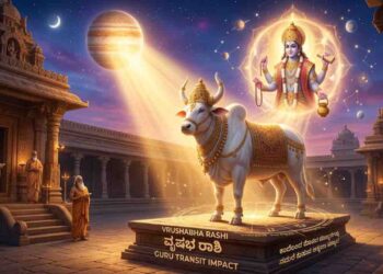 Astrological illustration of Jupiter transit impact on Vrushabha Rashi (Taurus) featuring a divine bull and Lord Guru.