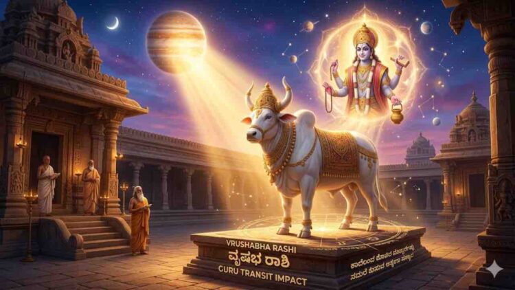 Astrological illustration of Jupiter transit impact on Vrushabha Rashi (Taurus) featuring a divine bull and Lord Guru.