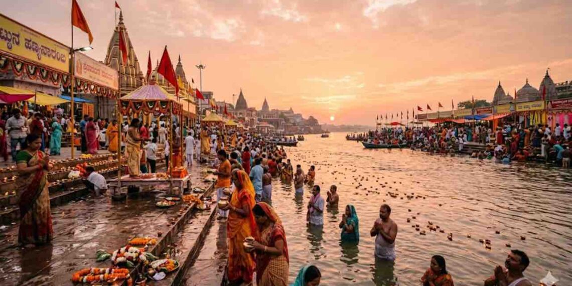 AI generated image of Yamuna River Pushkaram festival featuring devotees taking holy dip, traditional temples, and evening aarti oil lamps floating on the water during sunset.