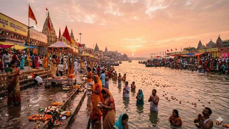 AI generated image of Yamuna River Pushkaram festival featuring devotees taking holy dip, traditional temples, and evening aarti oil lamps floating on the water during sunset.