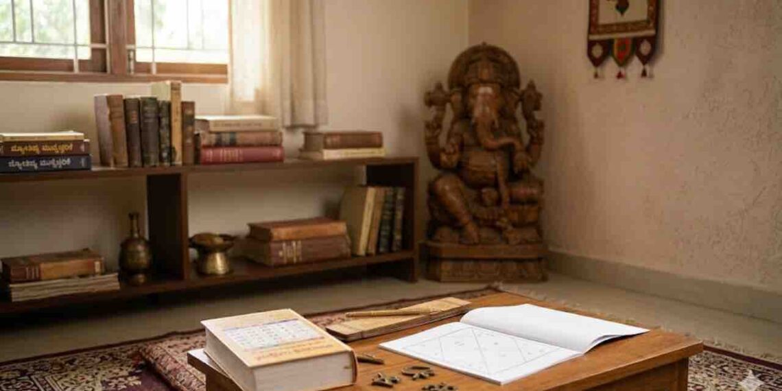 A traditional Indian study with old books, a feather pen, a carved Ganesha statue, and a soft-lit window.