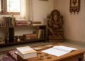 A traditional Indian study with old books, a feather pen, a carved Ganesha statue, and a soft-lit window.