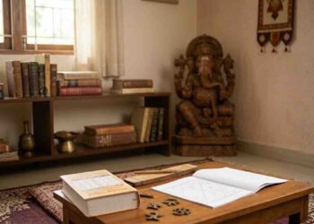 A traditional Indian study with old books, a feather pen, a carved Ganesha statue, and a soft-lit window.