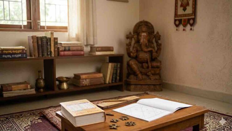 A traditional Indian study with old books, a feather pen, a carved Ganesha statue, and a soft-lit window.
